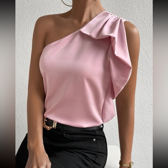 Luxe pink one shoulder satin blouse - Picture 2 of 6